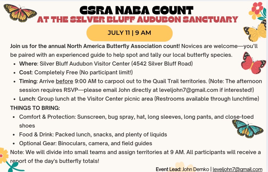 Join the CSRA’s Annual Butterfly Count at Silver Bluff Audubon Sanctuary – July 11
